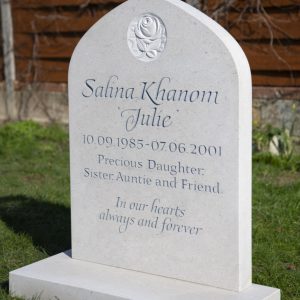 white Nabresina Headstone with off blue lettering