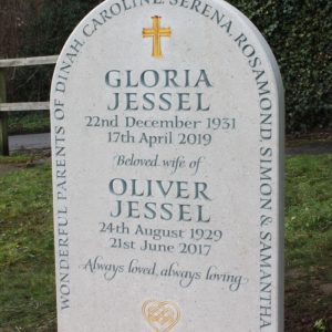 white Nabresina Headstone with blue v carved lettering and golden cross